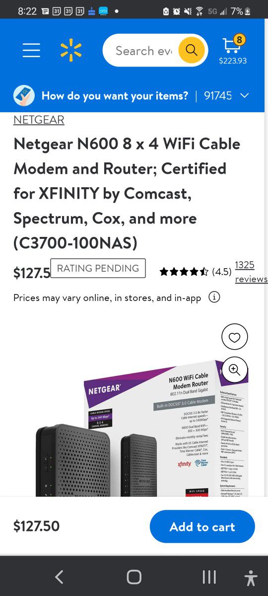 NETGEAR N600 8 x 4 WiFi Cable Modem and Router; Certified for XFINITY by Comcast, Spectrum, Cox, and more (C3700-100NAS)