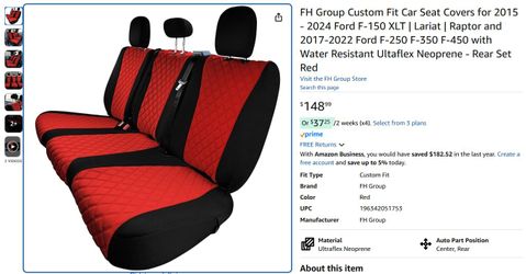 FH Group Custom Fit Car Seat Covers for 2015 - 2024 Ford, Back Seat Only