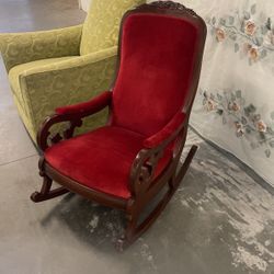 Rocking Chair,rocker Chair, Ladies, Velvet, Vintage Rocker, Carving, Color Is Red