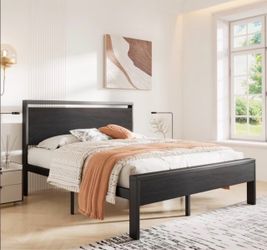Full size bed frame Black Wood Platform with Headboard