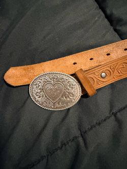 Western Tooled Leather Belt with Silver Buckle