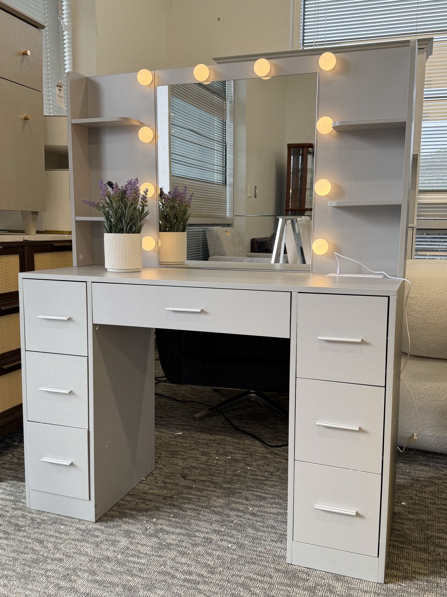 Fully Assembled✨Large Vanity Desk with LED Lighted Mirror & Power Outlet,Makeup Vanity Table with 7 Drawers,4 Shelves and 5 Hooks,Vanity T