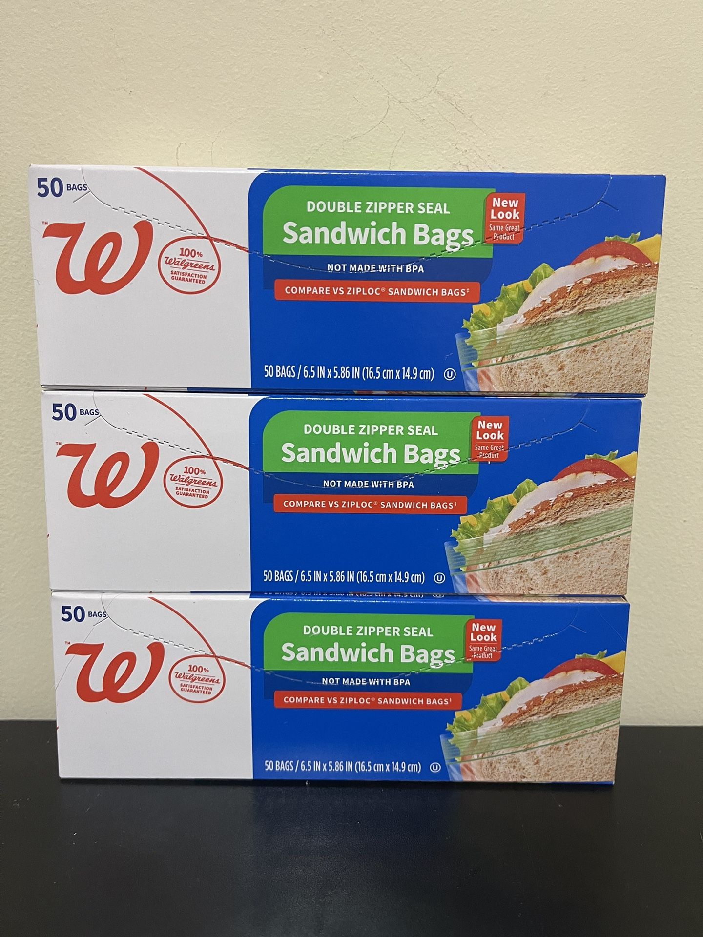 3pack Double Zipper Seal Sandwich Bags 50 Bags