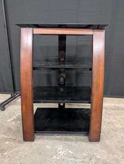 Dark Wood Four-Shelf TV Stand with Black Glass