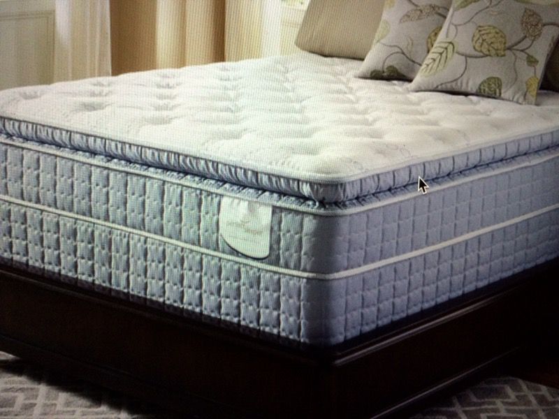 Queen pillow top mattress and box at 1:50