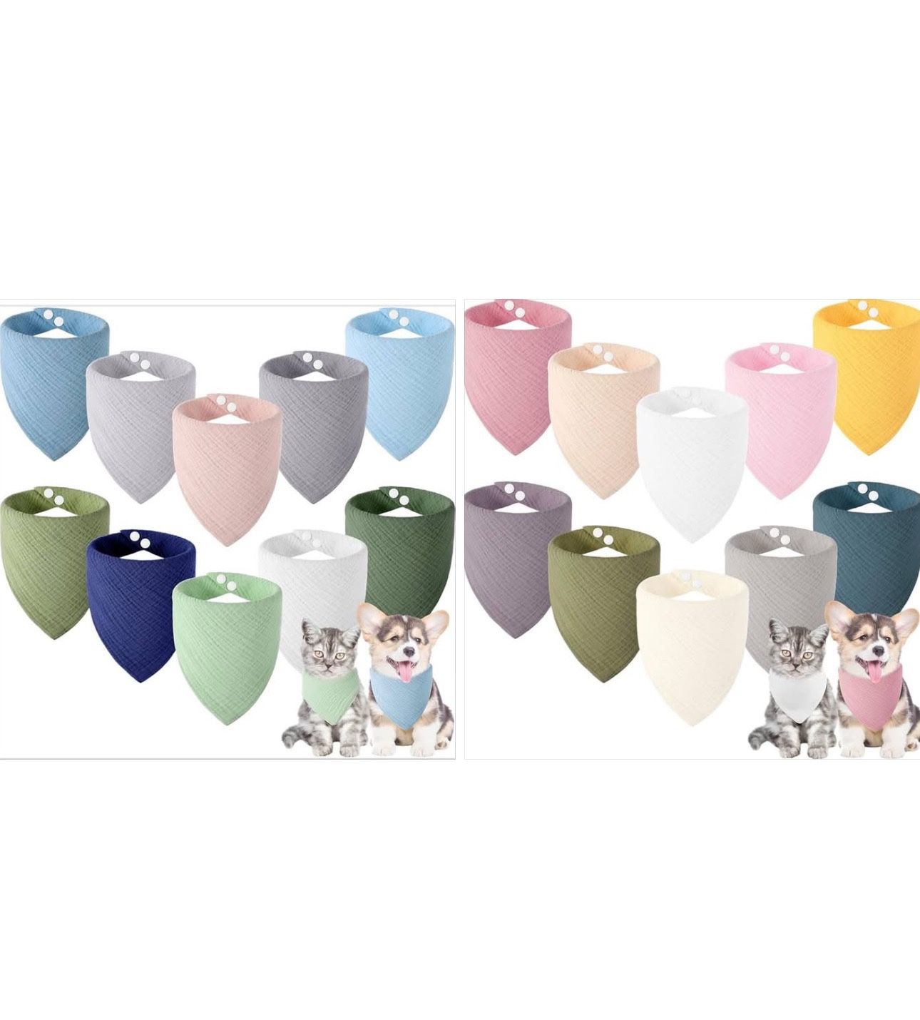20 Assorted Color Muslin Cotton Triangle Dog Cat Pet Bandanas Scarf Bib with Two Snaps New Condition