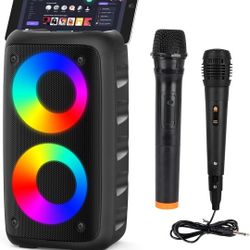 Bluetooth Speaker,Karaoke Speaker with 1 Wireless Microphone and 1 Wired Mic,Colorful LED Lights,TWS Pairing, Portable Karaoke for Adults with Rechar