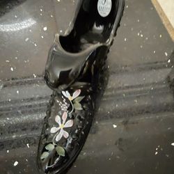 Fenton Art Glass Black Hobnail Slipper Hand-Painted Floral Design