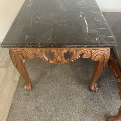 Marble Top Carved Wood Accent Table