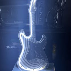 VINTAGE Stratocaster Guitar SHAPED Neon Wall Clock 29” Long Black & White TESTED