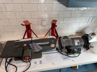 All 3 - Dremel Scroll Saw, Vulcan Bench Grinder, 2 Jack Stands