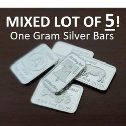 Mixed lot of FIVE (5) 1 gram silver bars 0.999 fine precious metals 