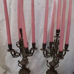 Pair 5 Arm Bronze Candelabra Ornate Victorian Gothic Candle Holders
