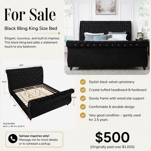 Black Bling King Size Bed for Sale – $500 OBO