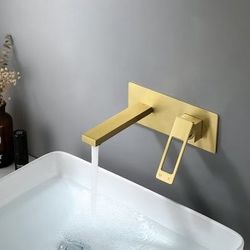 Modern Brushed Gold Wall Mount Bathroom Sink Faucet Solid Brass B8