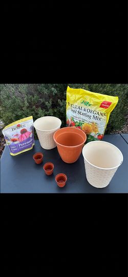 Set of 6 plastic pots, soil & seeds-brand new/never used-originally packed.