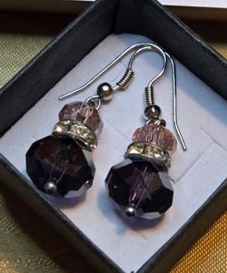 Purple and Pink Glass and White Crystal Bead Dangle Earrings. Drop- 1.25". New.