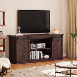 New -58'' TV Stand for TVs up to 65'', Storage Cabinet with Sliding Barn Door, Entertainment Center,Espresso