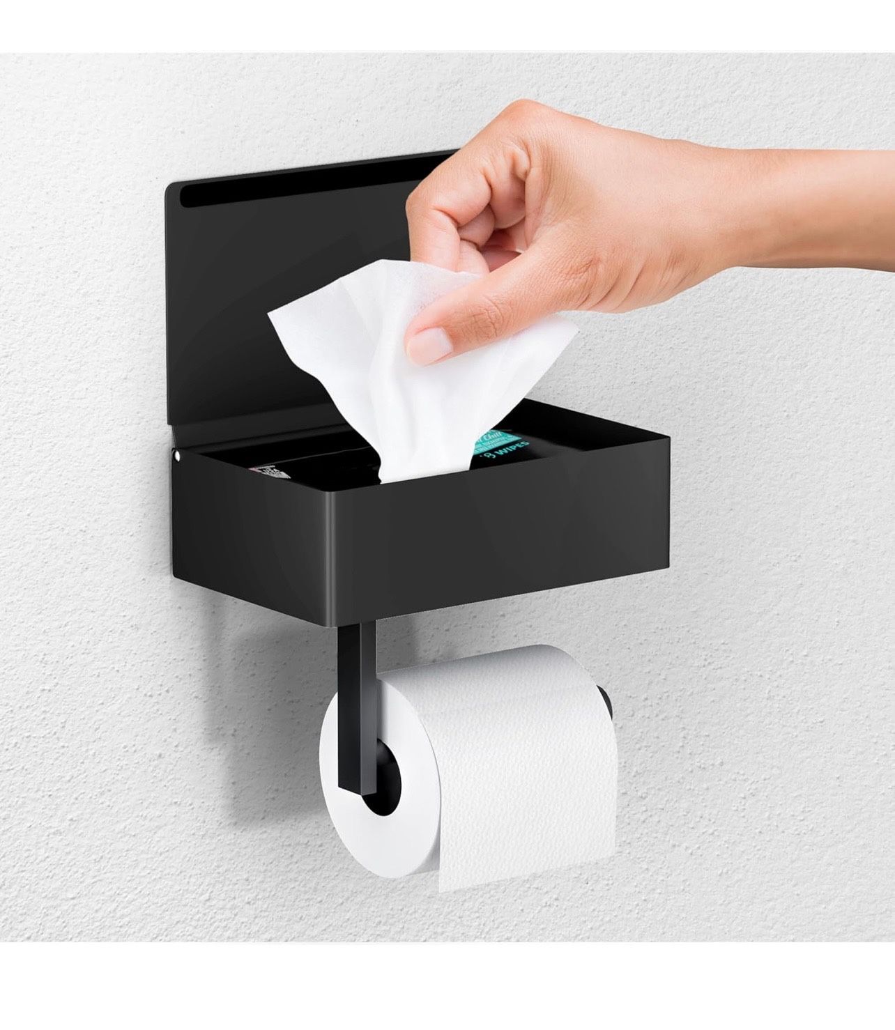 BRAND NEW IN BOX Toilet Paper Holder w/Shelf Bathroom Flushable Wipes Dispenser Holder with Storage, Large, Matte Black