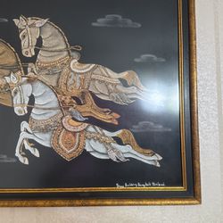 Vintage Thai Temple 3 Flying Jumping Horses Bangkok Thailand Art Picture Rare Signed Antique Rubbing