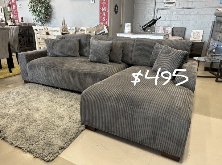 2-Pc Grey Corduroy Sectional Sofa