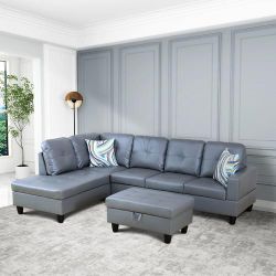 Gray Leather Sectional Couch Set And Ottoman