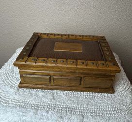 Vintage Wooden Jewelry Box with Studded Faux Leather Lid and Yellow Felt Interior