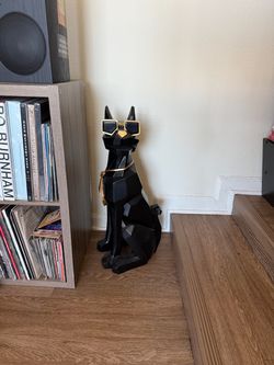 Black Geometric Dog Statue with Gold Sunglasses