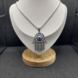 Silver Hamsa evil eye hand chain necklace