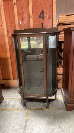 Antique Wood Curved Glass China Cabinet