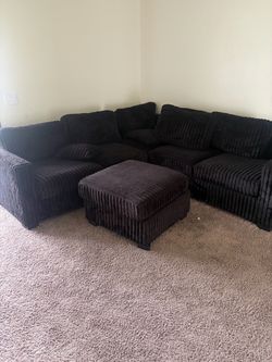 Black Corduroy Sectional Sofa with Ottoman
