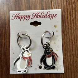 Kohl’s Holiday Christmas Sparkling Penguin With Red Scarf Drop Earrings, French Closure