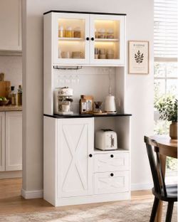 Farmhouse Kitchen Pantry Cabinet | LED Lighting + Power Outlet