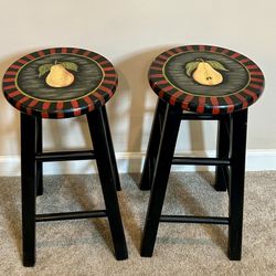 Set of Two (2) John Thomas Whimsical Round Top Stools, Hand Painted & Signed by Tina Hunt