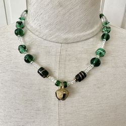 Green And Clear Beaded Bell Pendant Necklace 