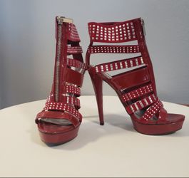 Ann Michelle Shoes, 5" Heel, Red, Zippered and Studded, Size 8.