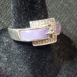 Vintage Chinese Lavender Jadeite Jade Diamond Bend Ring, Sterling Silver 925