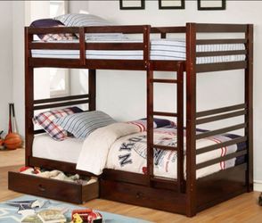 Brand New Espresso Twin Size Bunk Bed w Trundle Drawers