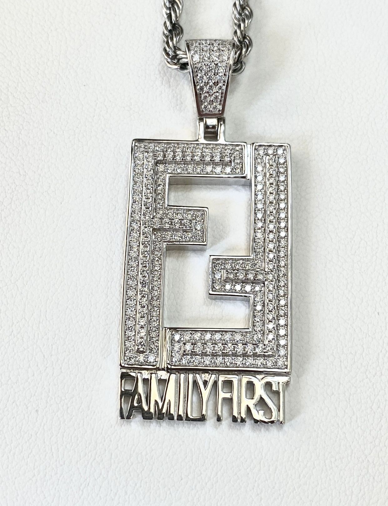 Italy 925 Sterling Silver Custom FAMILY FIRST 14K White Gold 5X Layered Iced Pendant Stainless Steel Rope Chain 16” 24” Inches Set