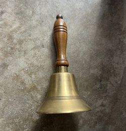ANTIQUE BRASS SCHOOL BELL WITH WOOD HANDLE 7" TALL
