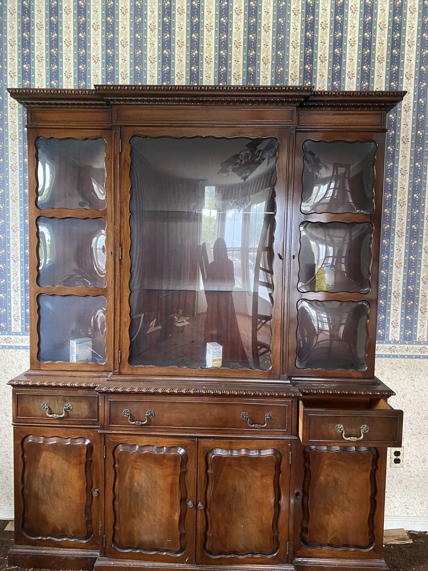 Antique China Cabinet With Beveled Glass Windows 