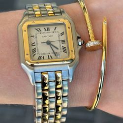 Cartier Panthere 2-Line 183949 27x36mm 18k Yellow Gold and Stainless Steel Bracelet Hidden Clasp White Roman Dial 18k Yellow Gold Bezel Watch Box Appr