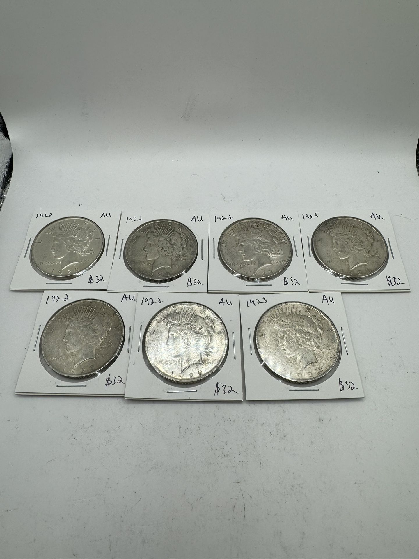 7 Common Date Almost Uncirculated Peace Dollar 90% Silver Coins
