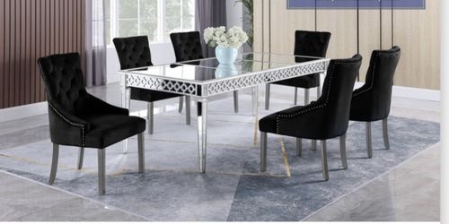 7 pc dining set | Mirrored dining table | velvet grey chairs