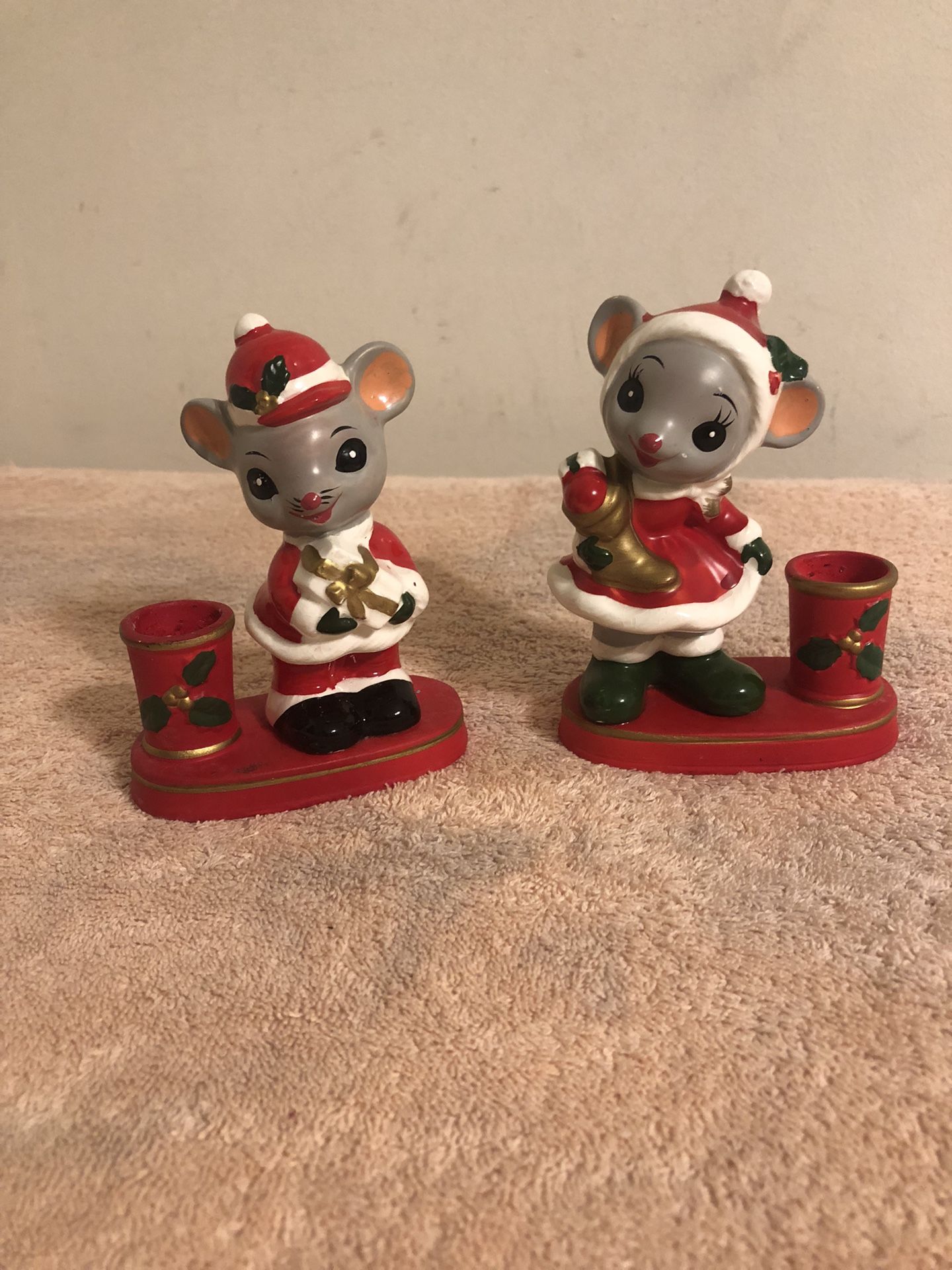 Vintage Napcoware Christmas Mice Taper Candle Holder Pair #X-8590 