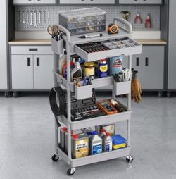 4-Tier Plastic Rolling Utility Cart Organizer with Removable Drawer