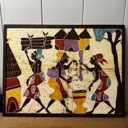 Vintage African Batik Textile Art – Village Scene with Women, Handmade Painting on Cloth (Framed)