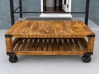 Restoration Hardware Style Rustic Industrial Rolling Coffee Table – 4ft Solid Wood Cart Table