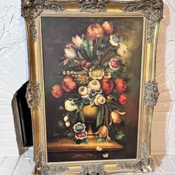 Vintage Floral Oil Painting Signed Pierry 30”Lx43.5”H