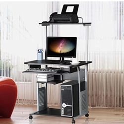 2 Tier Rolling Home Office Computer Desk with Keyboard Tray & Printer Shelf Stand Study Table Corner Desk for Small Space Black